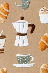 Embroidered coffee pot, cup, and pastries on a textured fabric background, showcasing intricate stitching and warm colors, perfect for cozy kitchen decor and culinary themes