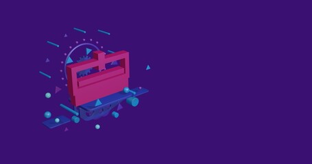 Obraz premium Pink cnc machine symbol on a pedestal of abstract geometric shapes floating in the air. Abstract concept art with flying shapes on the left. 3d illustration on deep purple background