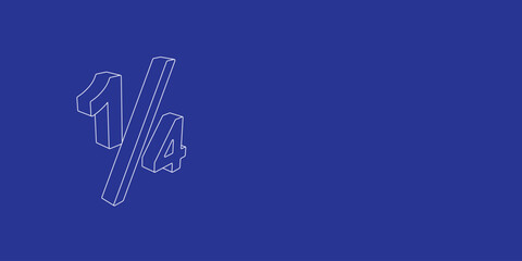 The outline of a large quarter fraction symbol made of white lines on the left. 3D view of the object in perspective. Vector illustration on indigo background