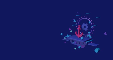 Fototapeta premium Pink sea anchor symbol on a pedestal of abstract geometric shapes floating in the air. Abstract concept art with flying shapes on the right. 3d illustration on indigo background