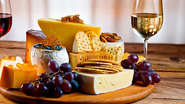 Cheese and cracker board with cheddar, brie, blue cheese, grapes, nuts and honey beside red and white wine on rustic table in warm light. Concept of gourmet tasting and cozy rustic elegance