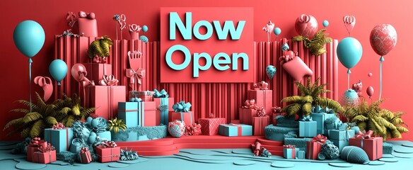 Festive grand opening scene with numerous presents, balloons, and tropical plants.  "Now Open" sign is prominently displayed