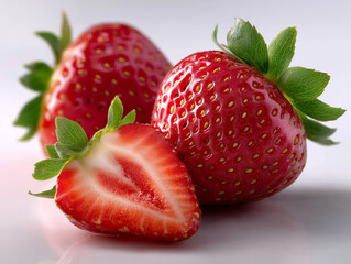 Whole and sliced strawberry on white background, isolated with soft lighting and realistic texture.

