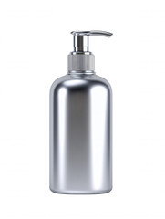 A shiny silver pump bottle for lotion or soap sits elegantly against a pure white background, showcasing modern simplicity and clean design for skincare products.