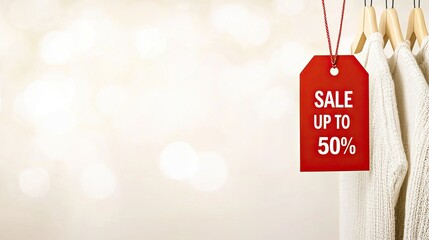 Red Sale Tag on Hanger Offering Up to 50 Percent Discount with Blurred Clothes in Background