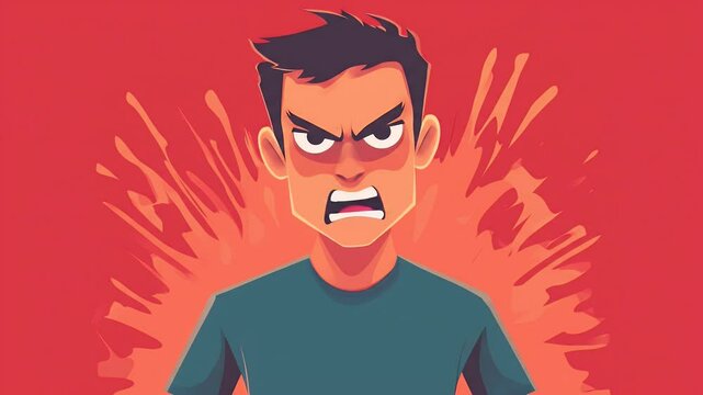 Illustration of an Angry Man with Red Face and Dark Hair Against a Red Backdrop