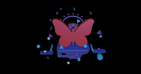 Red butterfly symbol on a pedestal of abstract geometric shapes floating in the air. Abstract concept art with flying shapes in the center. 3d illustration on black background