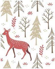 Whimsical forest pattern with deer and trees