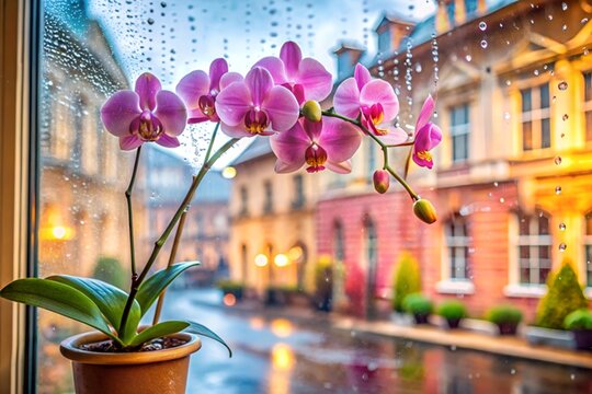In the center of an old European city, a pot of blooming phalaenopsis stands on the windowsill of a panoramic window, and outside it rains onto a street lined with two-story houses.