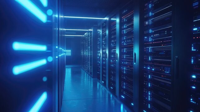 Advanced server room with glowing blue lights and secured server cabinets in a sleek hallway, ideal for showcasing cloud computing, AI data centers, and digital networks