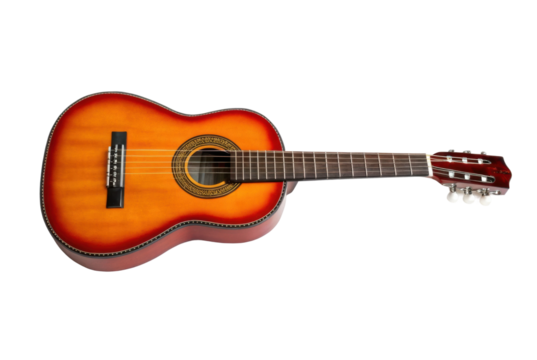 PNG Classic acoustic guitar with six strings and wooden body isolated on black