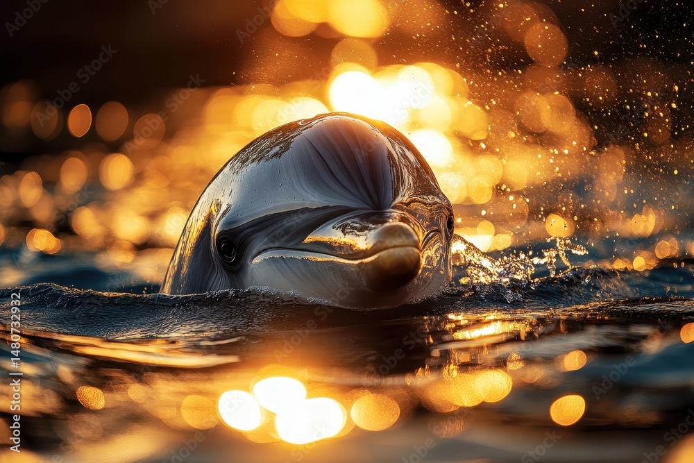 Aufkleber dolphin swims joyfully in shimmering water at sunset, creating splashes and ripples under golden lig