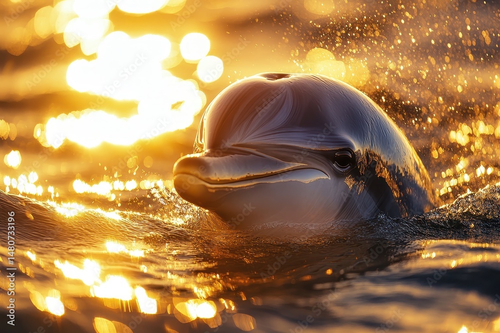 Aufkleber dolphin swims joyfully in shimmering water at sunset, creating splashes and ripples under golden lig