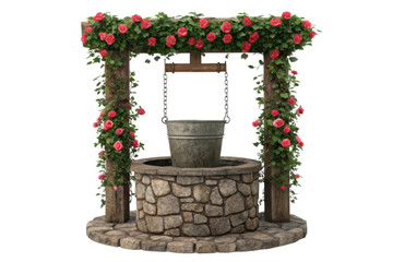 PNG Rustic stone wishing well with blooming red roses and wooden frame