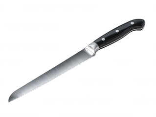 A stainless steel bread knife with a black handle and serrated blade is positioned diagonally on a clean white background for culinary precision and detail.