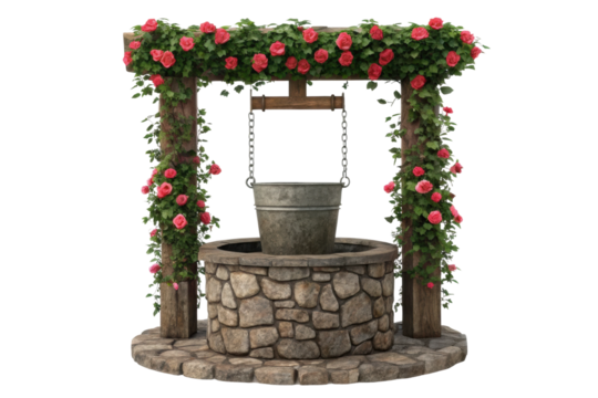 PNG Rustic stone wishing well with blooming red roses and wooden frame