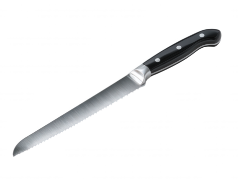 A stainless steel bread knife with a black handle and serrated blade is positioned diagonally on a clean white background for culinary precision and detail.