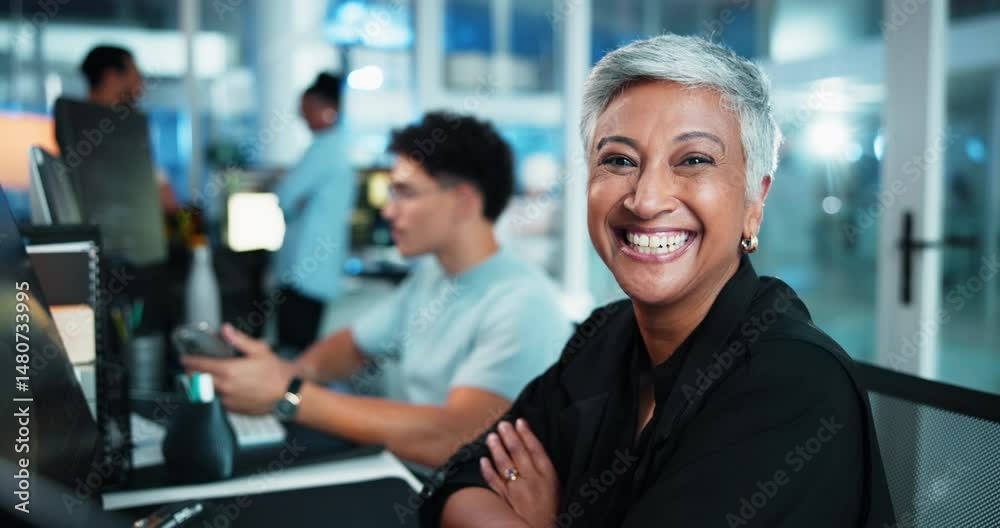 Aufkleber Arms crossed, face and smile of programmer woman in office as graphic designer for software development. Coding, computer and web design with mature developer or engineer at work for virtual update