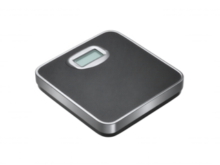 A black digital bathroom scale with a silver trim sits on a white background, ready to measure weight and help track fitness and health progress at home.