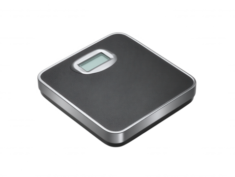 A black digital bathroom scale with a silver trim sits on a white background, ready to measure weight and help track fitness and health progress at home.