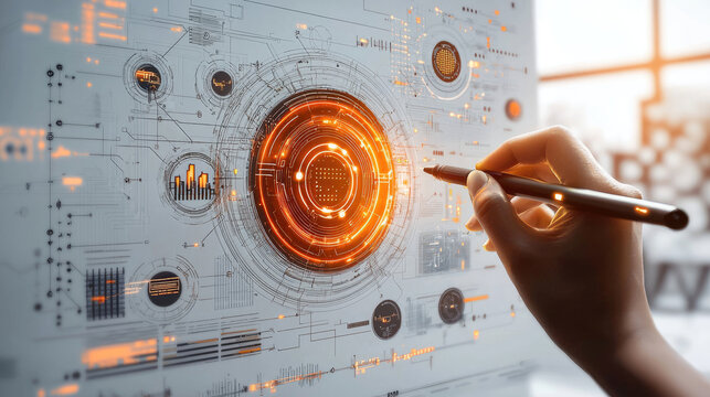 Hand using pen on interactive, digital interface, data visualization - Powered by Adobe