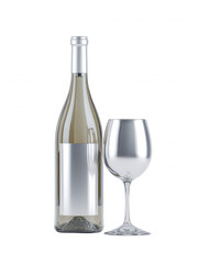 Elegant wine presentation shows a clear glass bottle with silver label next to a reflective silver wine glass, isolated against a bright and clean white background.