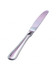Fototapeta premium An elegant silver table knife with a shiny polished blade and handle rests on a clean white background, showcasing its design and simplicity for dining settings.