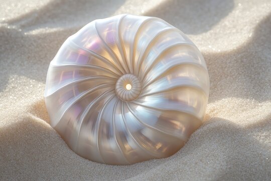 Iridescent nautilus shell with perfect spiral lays nestled in the golden grains of sand on a sunny beach.