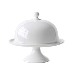 Fototapeta premium A pristine white ceramic cake stand with a domed lid sits elegantly on a white background, perfect for showcasing desserts and baked goods at any celebration.