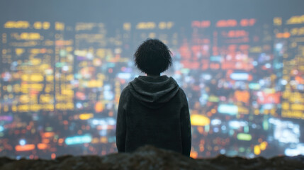 Obraz premium Figure stands cyberpunk city, gazing vibrant skyline filled with illuminated buildings and neon lights, evoking sense