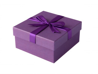 Obraz premium A beautiful purple gift box with a satin ribbon bow sits elegantly against a clean white background, perfect for presenting special presents or tokens of affection.