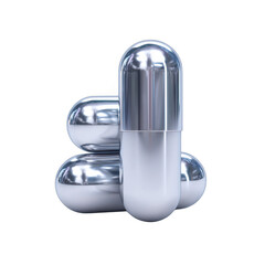 A chrome capsule stands vertically against a stack of metallic pills on a bright white background, creating a modern and minimalist pharmaceutical concept.