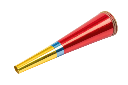 PNG Colorful party horn with red, blue, and gold stripes on white background