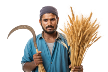 PNG Adult male farmer holding wheat and sickle indoors with focus on harvest