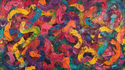 A vibrant and colorful abstract painting with swirling patterns of bright colors like red, orange, yellow, blue, purple, pink, and green