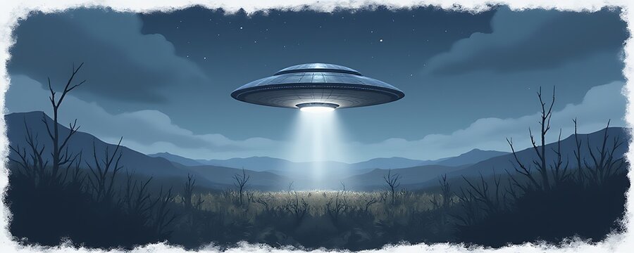 Silver disc, weathered field; alien craft descent