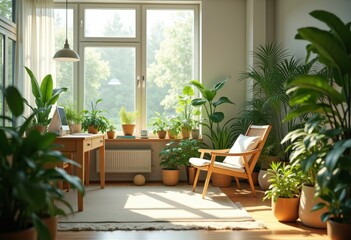 Fototapeta premium calm workspace minimal decor greenery indoor plants tranquil environment zen office setup creative space focus concentration, minimalism, design, furniture, table