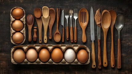 Brown and White Eggs with Rustic Wooden and Metal Utensils on Dark Wooden Background