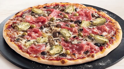 Regular view of Pizza Quattro Stagioni topped prosciutto mushroom artichokes olives served black pizza board traditional Italian pizza representing four seasons cut out isolated transparent background