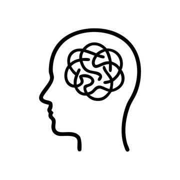 &Iacute;cone vetorial minimalista com contorno preto de uma silhueta de cabe&ccedil;a humana com linhas emaranhadas na &aacute;rea do c&eacute;rebro, simbolizando ansiedade, estresse e conscientiza&ccedil;&atilde;o sobre sa&uacute;de mental 
