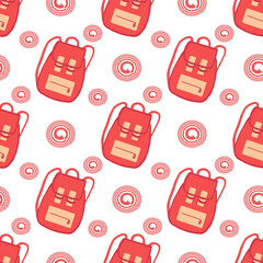 Pattern with red backpacks and spirals. Hand drawn illustration, flat seamless.