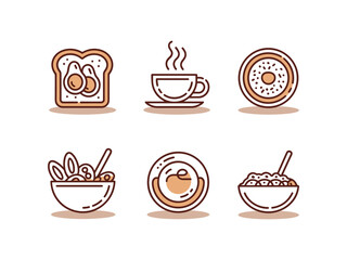 Illustrated breakfast food icons including toast avocado coffee donut and oatmeal on white background