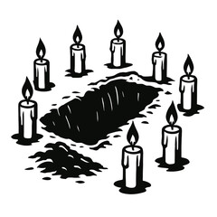 High-contrast monochrome vector illustration of a grave surrounded by lit candles, ideal for themes of remembrance, loss, or solemnity.