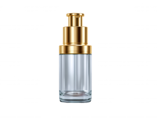An elegant clear glass bottle with a luxurious gold pump dispenser sits centered on a clean white background perfect for cosmetic or skincare product presentation.