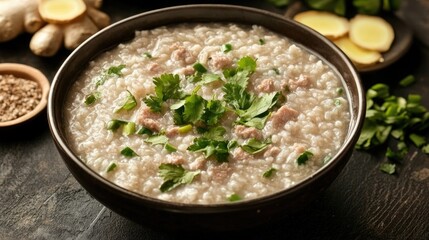 Minced pork congee served in a traditional bowl with ginger slices and chopped cilantro on top, moody lighting