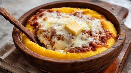 Regular view of Polenta Taragna melted cheese butter served wooden bowl rustic spoon Traditional northern Italian dish from the Lombardy and Piedmont regions cut out on isolated transparent background