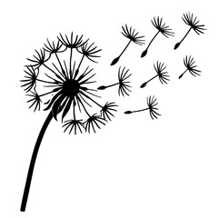 Elegant Black and White Dandelion Blowing in the Wind Silhouette - Simple Line Art Illustration of a Seed Head, Ideal for Nature, Spring, and Gentle Breeze Designs