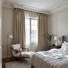 minimalist bedroom with linen curtains and armchair