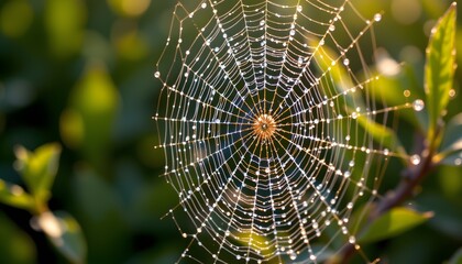 Obraz premium macro shot of dew covered spider web in morning light