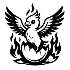 Fototapeta premium Adorable Black and White Phoenix Bird Hatching with Flames Vector - Cute Mythical Creature Illustration Rising from Egg, Ideal for Rebirth, Growth, and Fantasy Themes
